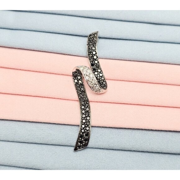 Beautiful 14K Solid White Gold Twirl Swirl Black & White Diamond Charm Pendant